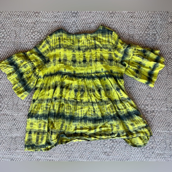 Bryn Walker Oversized Large 100% Linen Top Chartreuse Black Tie Dye Bell Sleeves - Picture 7 of 7